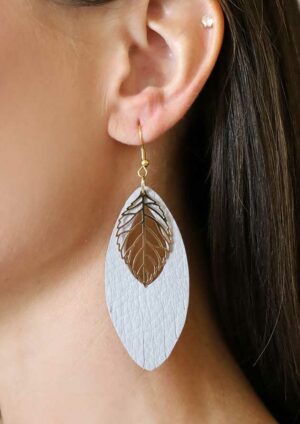Gold Leaf Oval Leather Lava Earrings - LE399