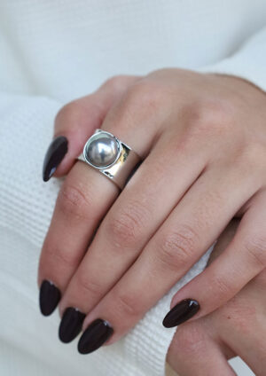 Silver Pearl Thick Band Ring -LRP02