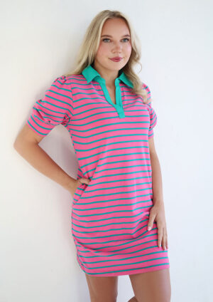 Pool Fun Striped Puff Sleeve T Shirt Dress