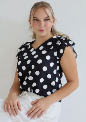 Frankie Polka Dot Ruffled V Neck Black Blouse
