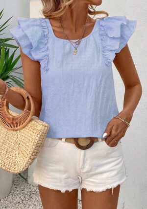 Holly Textured Bow Knot Butterfly Sleeve Blue Blouse