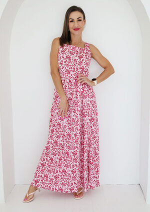 Rosette Floral Cutout Back Sleeveless Maxi Dress