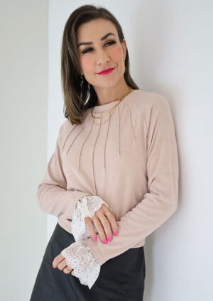 Victoria Lace Detail Cuffs Sleeve Beige Top