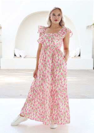 Bloomette Ruffled Sleeve Pink Maxi Dress