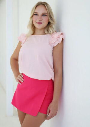 Holly Textured Bow Knot Butterfly Sleeve Pink Blouse