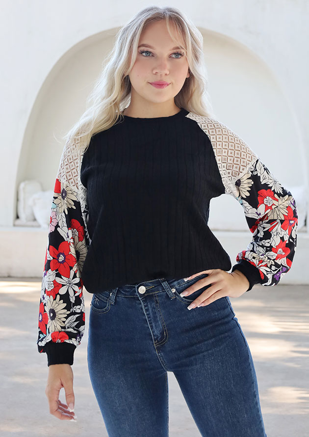 Wallflower Lace Long Sleeve Black Blouse