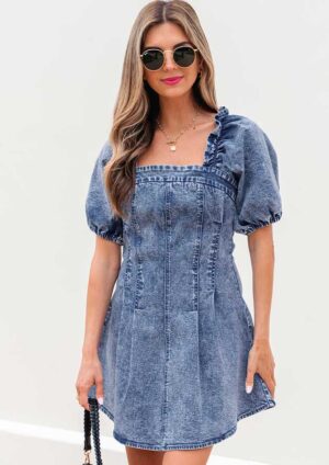Aniston Denim Square Neck Puff Sleeve Dress