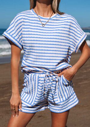Beach Time Striped Knitted Skye Blue Co-Ord