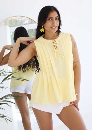 Citrine Charm Bow Tie Pleated Yellow Tank Top