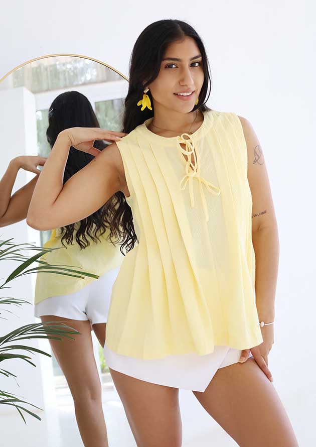 Citrine Charm Bow Tie Pleated Yellow Tank Top