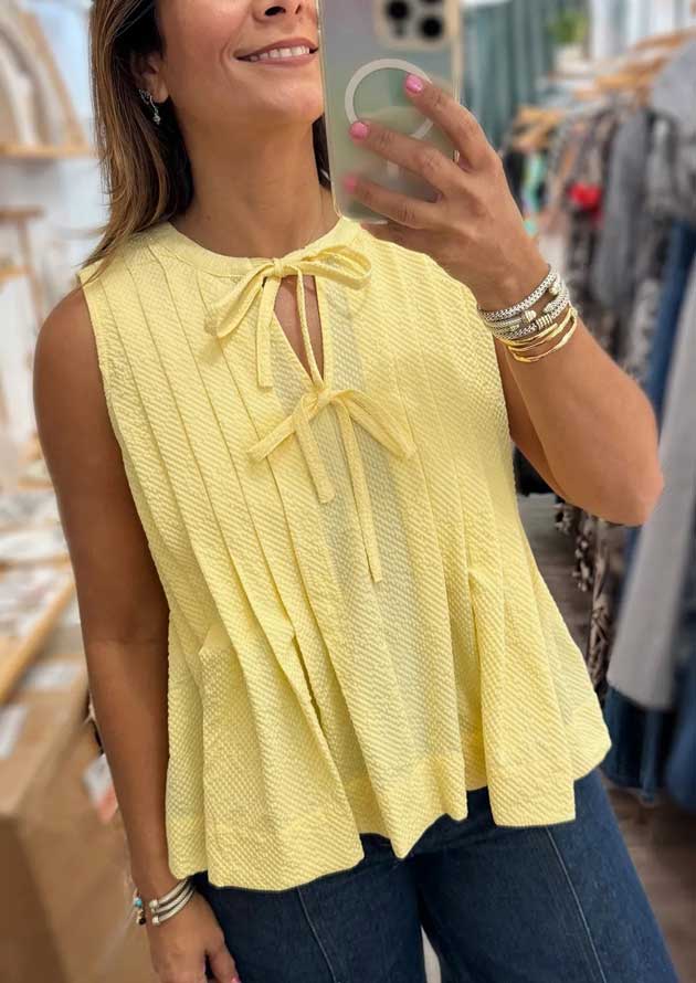 Citrine Charm Bow Tie Pleated Yellow Tank Top - Image 3