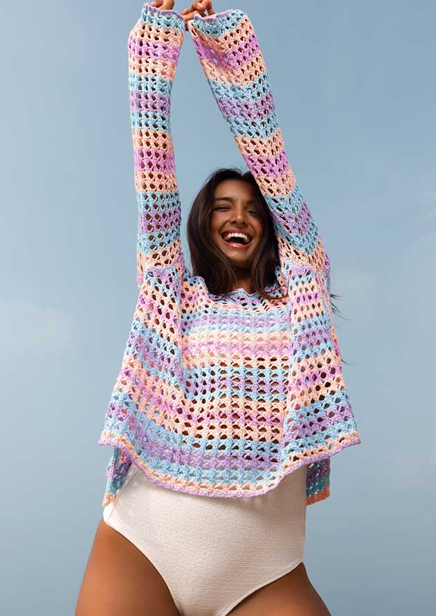 Delilah Open Knit Purple Stripe Knit Top - Image 3