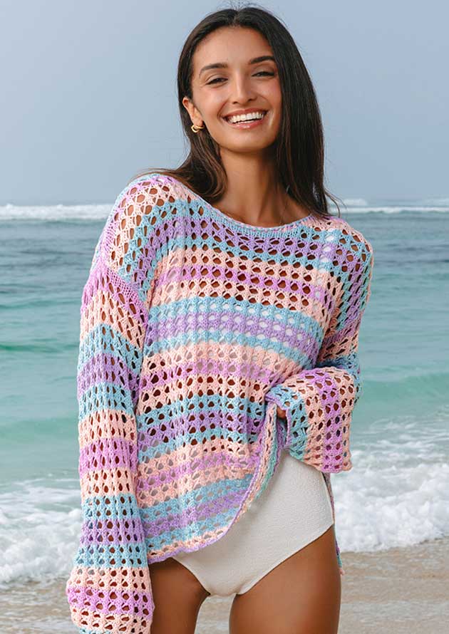 Delilah Open Knit Purple Stripe Knit Top - Image 4