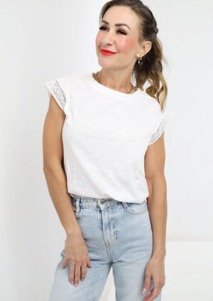 Ellie Cap Sleeve Round Neck White T-Shirt