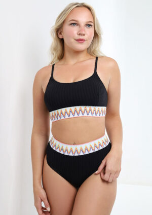 Mira Ribbed High Mid Cut Black Bikini