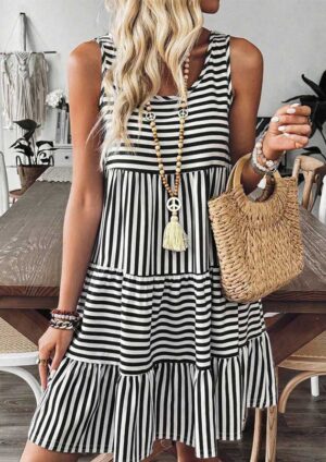 Sway in Stripe U Neck Sleeveless Black Short Dress