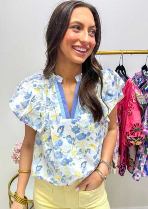 Victorian Blue Floral Frilled  V Neck Top