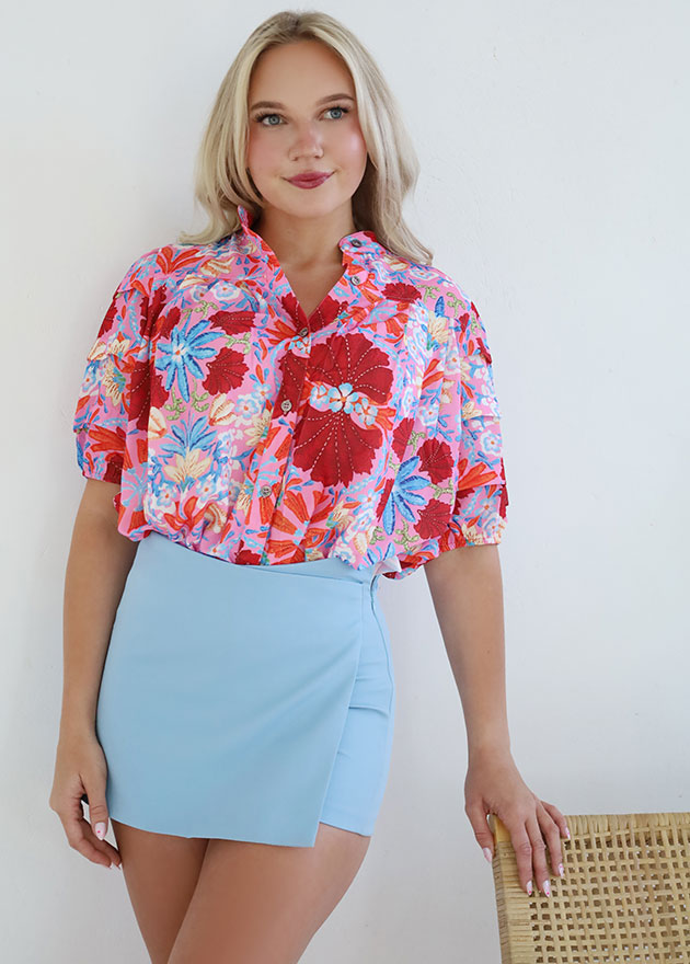 Ash Floral Bubble Mid Sleeve Top