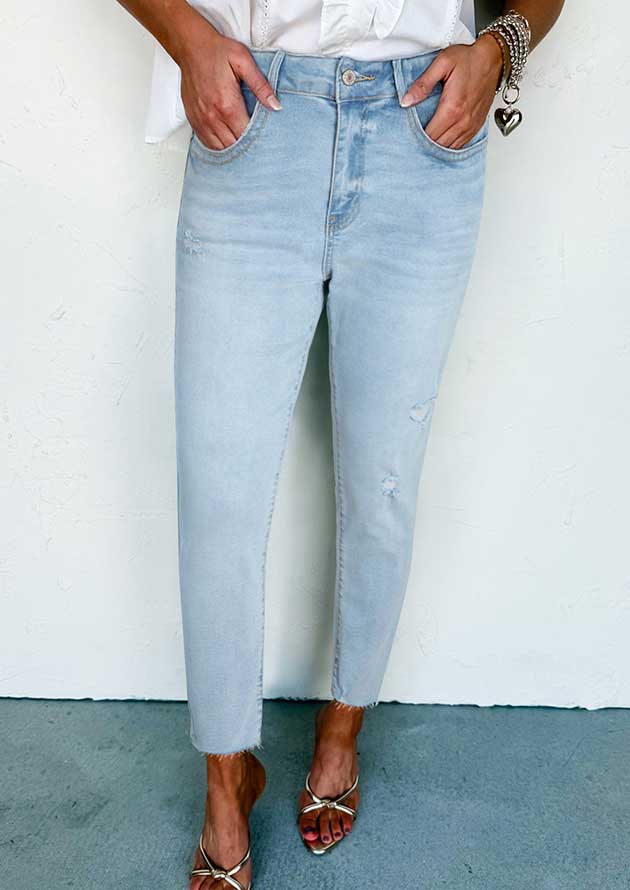 Belgrave Mid Rise Ankle Length Distress Blue Skinny Jeans
