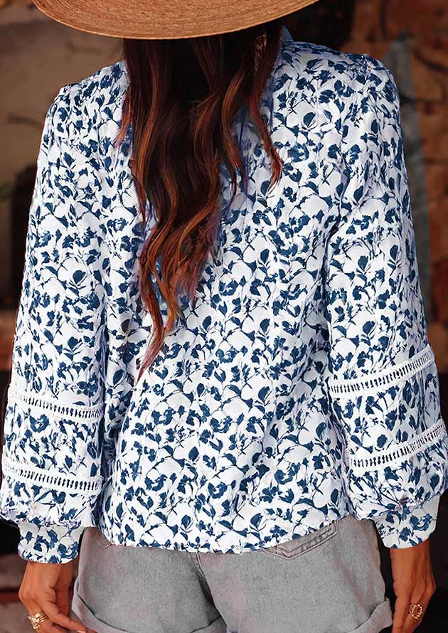 Dandelions Lace Detail Floral Puff Long Sleeve Blue Shirt - Image 2