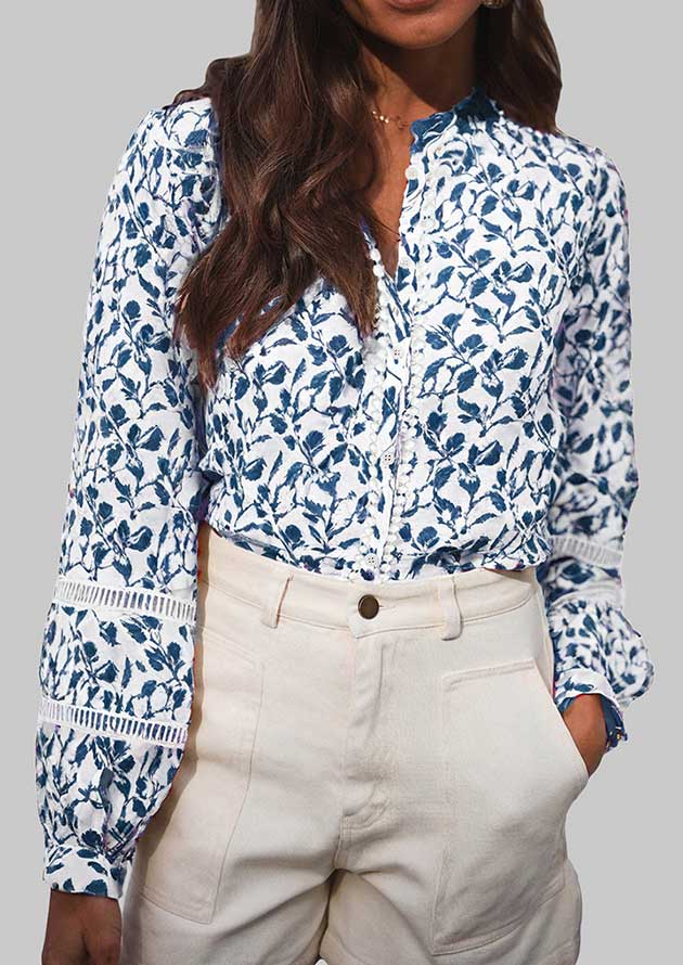 Dandelions Lace Detail Floral Puff Long Sleeve Blue Shirt