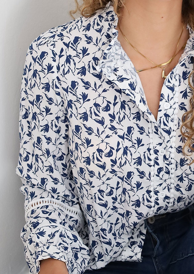 Dandelions Lace Detail Floral Puff Long Sleeve Blue Shirt - Image 3
