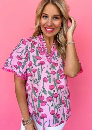 Daydream Floral Lace Frilled V Neck Pink Blouse