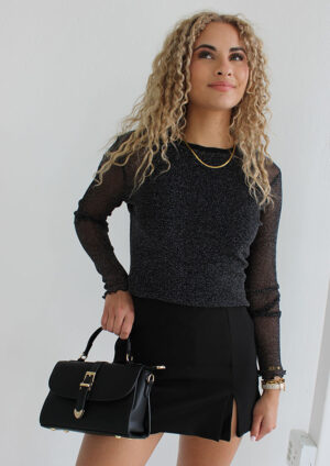 Galaxy Glint Metallic Mesh Long Sleeve Black Top