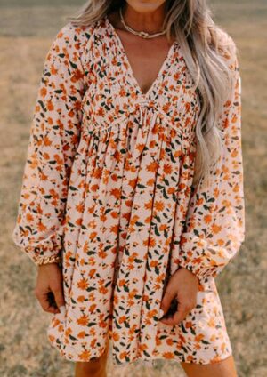 Garden Glimpse Floral V Neck Smocked Long Sleeve Short Dress