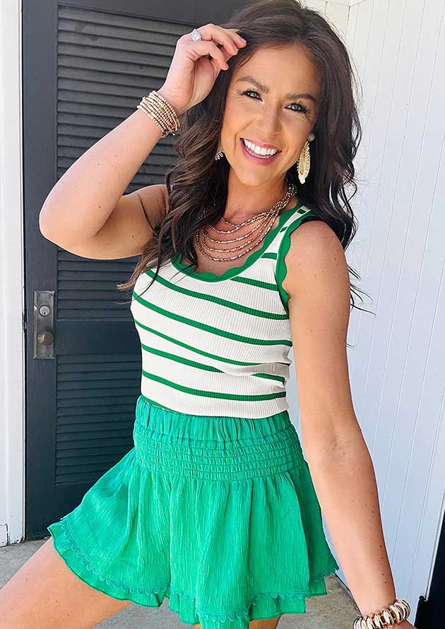 Lime Striped Scallop Edge U Neck Green Top - Image 2