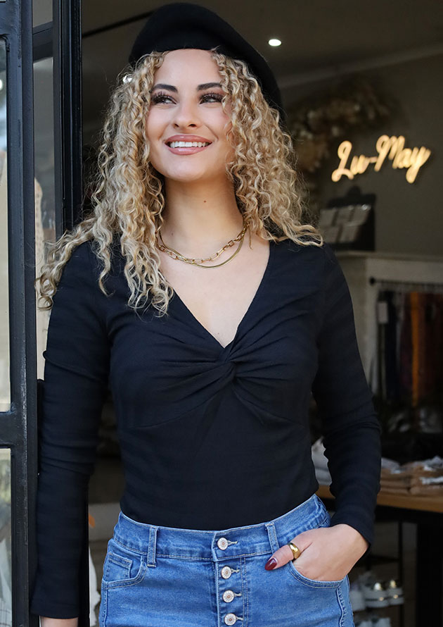 Raven Textured Twist Front V Neck Long Sleeve Black Top - Image 2