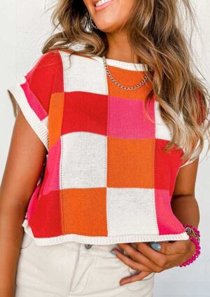 Spice Knit Colour Block Cap Sleeve Red Top