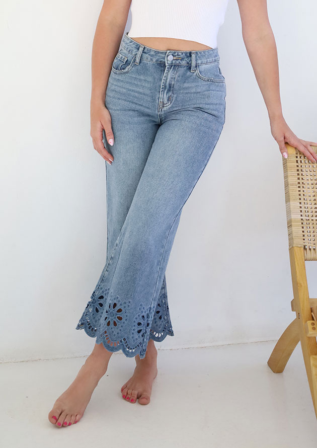 Suzette Embroidered Wide Leg Blue Jeans