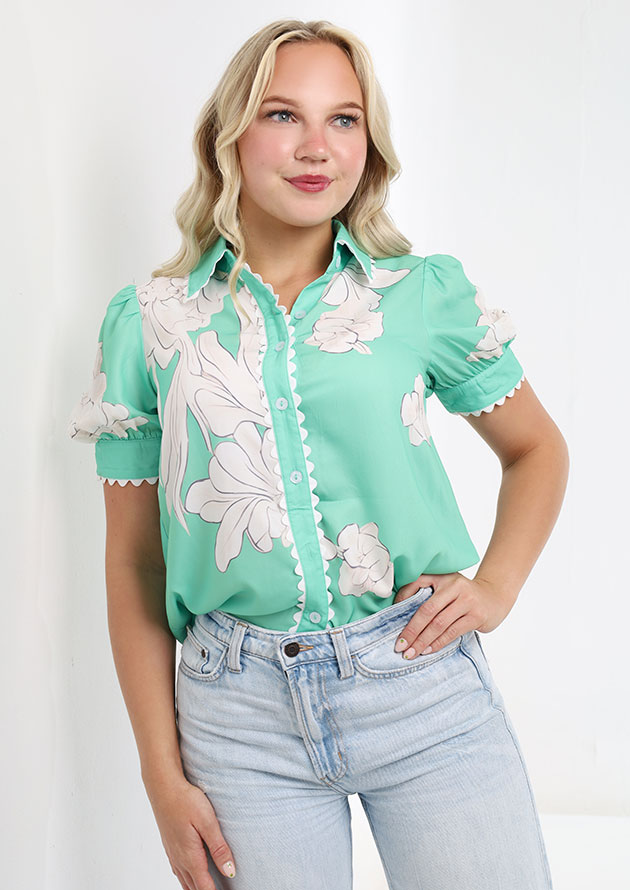 Waters Edge Puff Sleeve Button Up Shirt