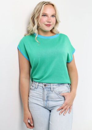 Cruising Contrast Trim Round Neck Short Sleeve Green Top