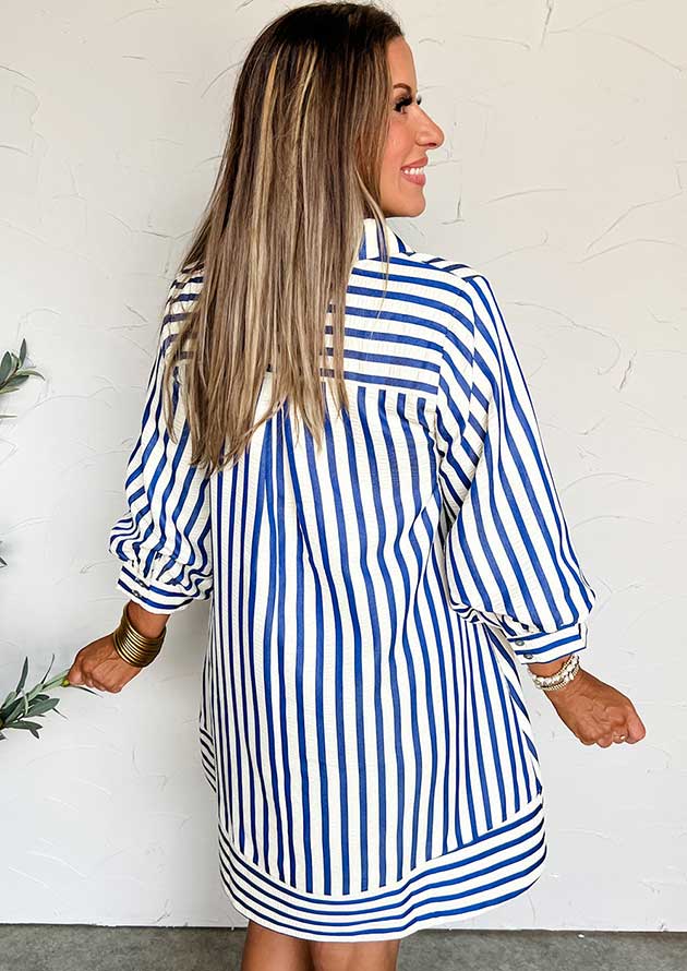 The Deck Stripe Collared Half Sleeve Button Blue Short Dress - Image 4