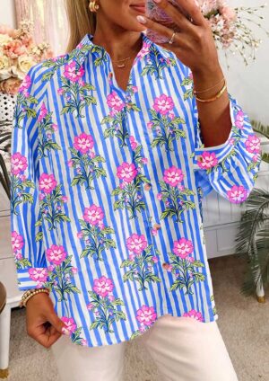 Rosebay Striped Floral Long Sleeve Blue Shirt