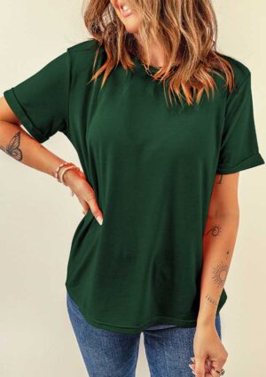 Summer Day Casual Plain Crew Neck Dark Green T-Shirt