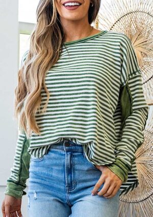 The Look Stripe Knit Long Shoulder Green Top