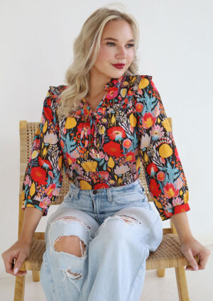 Tullip Floral 3/4 Puff Sleeves Black Blouse