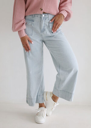 Chester Stripe Button Flap Pocket Cuffed Hem Wide Leg Jeans