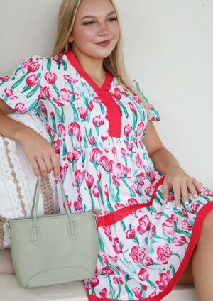 Estella Floral Contrast Trim Babydoll Short Dress