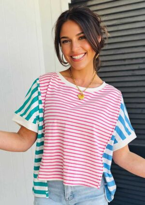 Fun in Stripes Uneven Hem Short Sleeve Pink T-Shirt