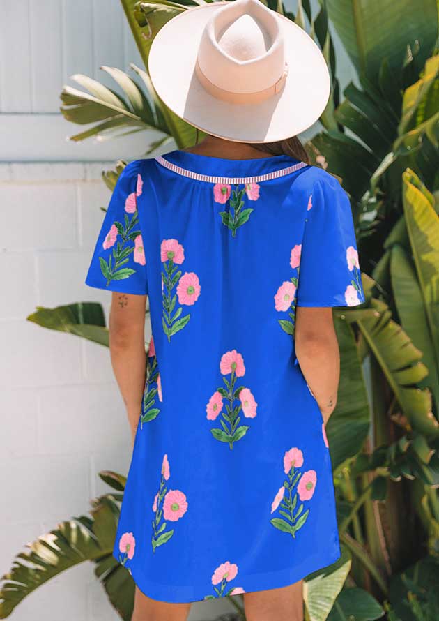 Geraldine Floral Short Sleeve Blue Short Dress - Image 2