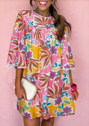 Jamaica Floral Lace Trim Tie Back Bell Sleeve Short Dress