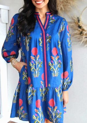 Kimmy Floral Contrast Trim Long Sleeve Blue Short Dress