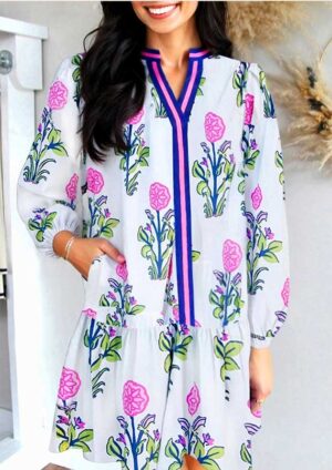 Kimmy Floral Contrast Trim Long Sleeve White Short Dress