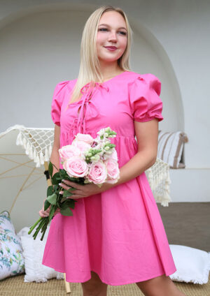 Rijnveld Tie Front Puff Sleeve Pink Short Dress