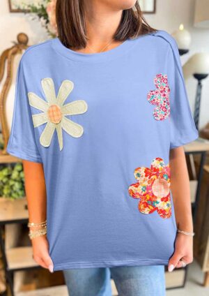 Sun Woven Stitch Floral Short Sleeve Blue T-Shirt