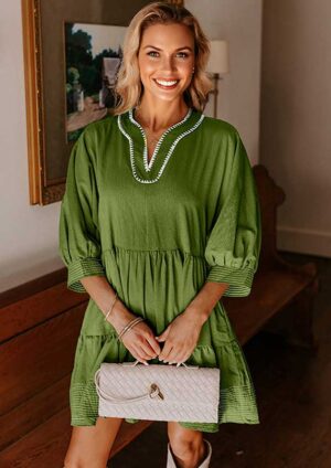 Tequilla Contrast Stitch V Neck 3/4 Sleeve Green Short Dress